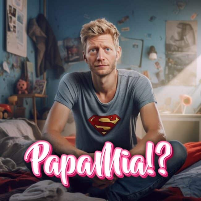 Bernhard Vosicky sitzt im Superman T-Shirt auf der Couch hinter einem PapaMia Schriftzug